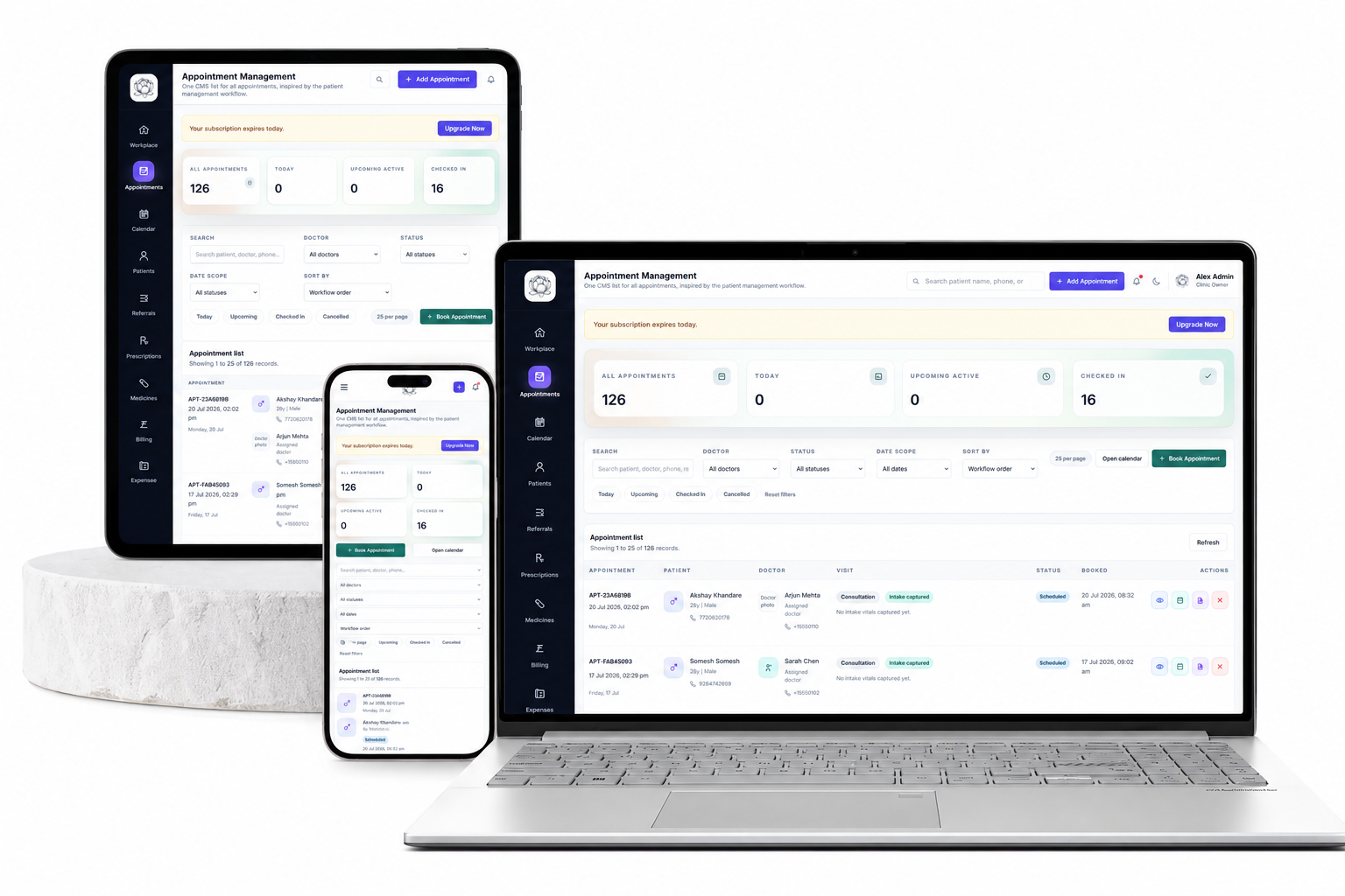 DocPulse clinic management software shown on laptop, tablet and phone